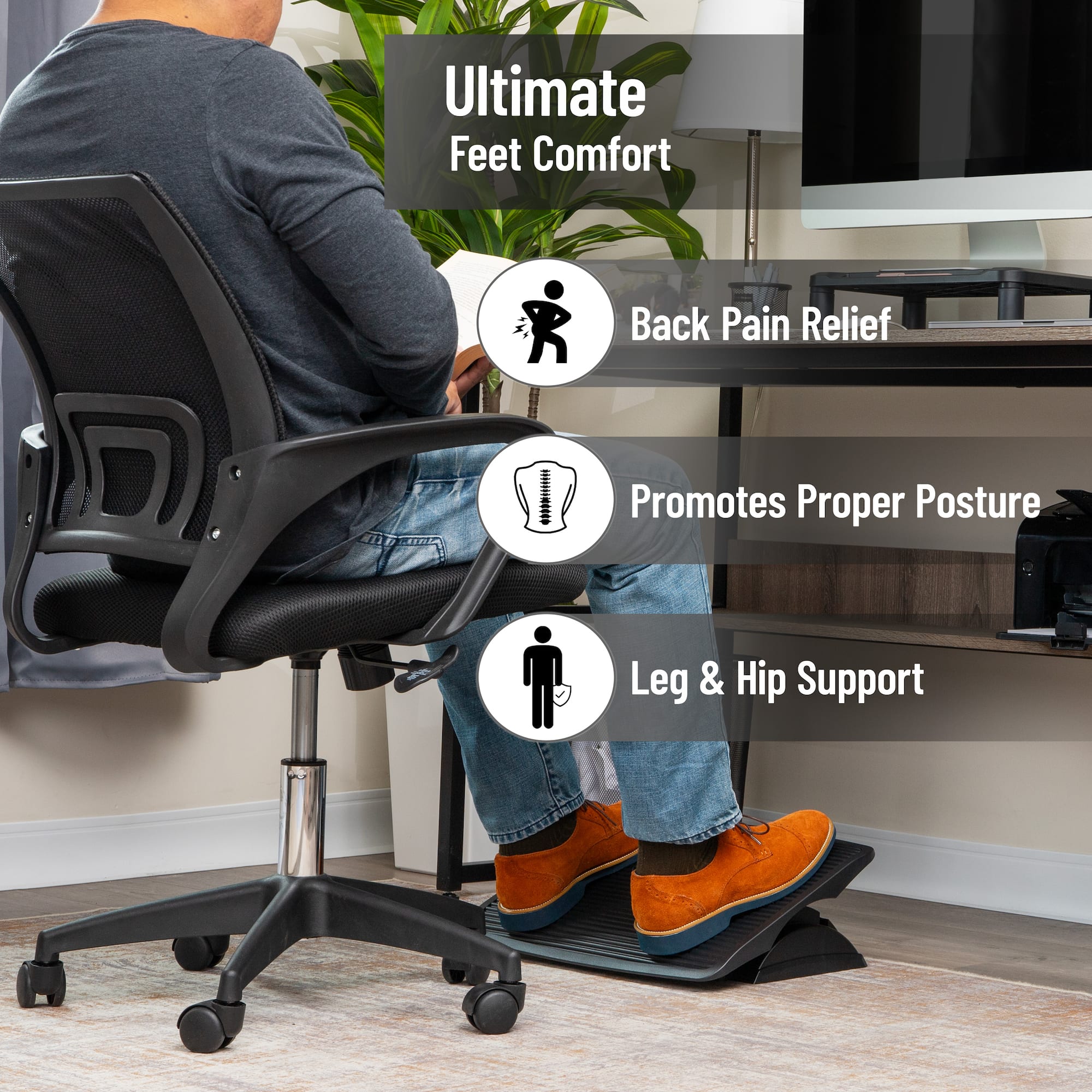 Mind Reader Foot Rest, Under Desk at Work, Ergonomic, Height Adjustable, Office, Plastic, Black